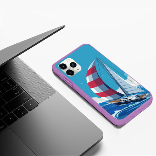 Чехол для iPhone 11 Pro Max матовый Парусник В море sailboat, цвет фиолетовый - фото 5