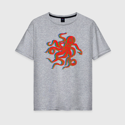Женская футболка хлопок Oversize Осьминог Глитч Glitch Octopus, цвет меланж