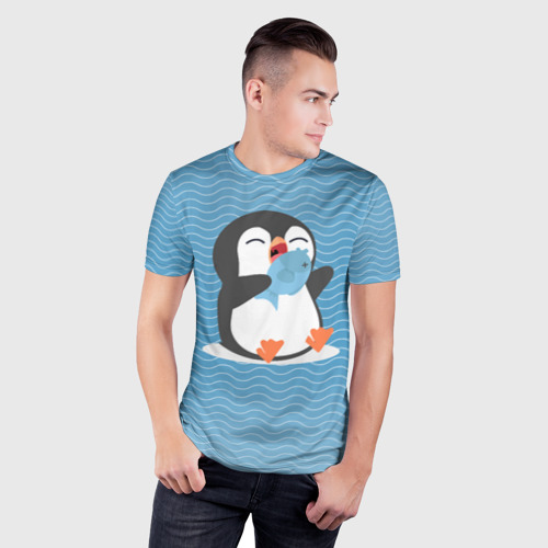 Мужская футболка 3D Slim с принтом Пингвин, фото на моделе #1