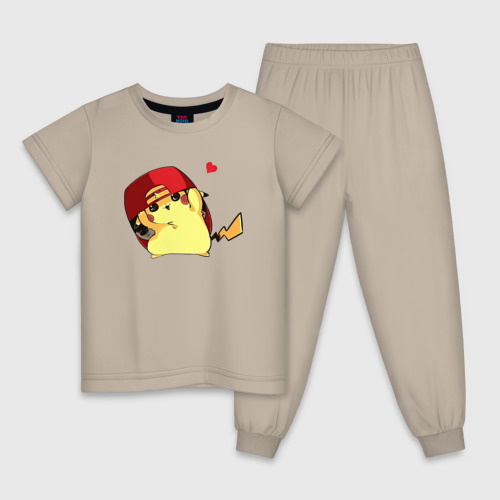 Детская пижама хлопок Пикачу под бейсболкой, цвет миндальный