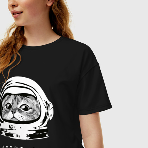 Женская футболка хлопок Oversize Astronaut cat кот космонавт, цвет черный - фото 3