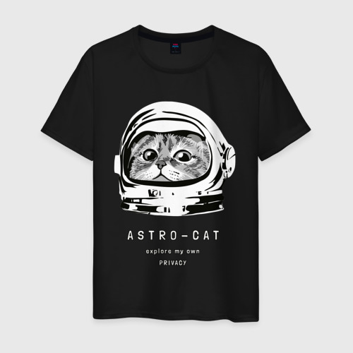 Мужская футболка из хлопка с принтом Astronaut cat кот космонавт, вид спереди №1