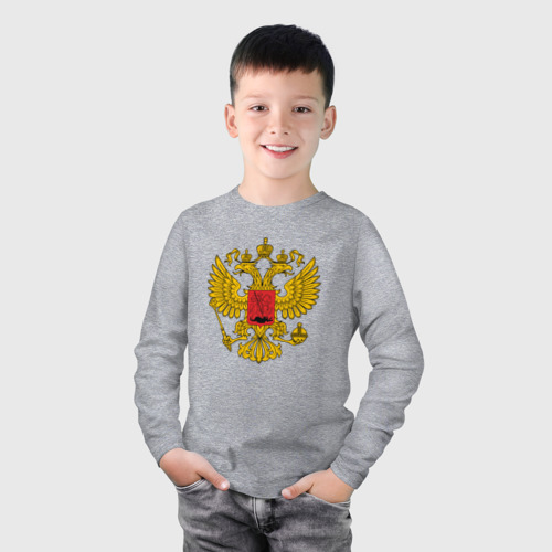 Детский лонгслив хлопок с принтом ГЕРБ РОССИИ | RUSSIA, фото на моделе #1