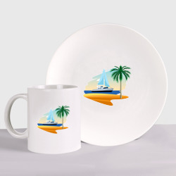 Набор: тарелка + кружка Корабль и пальма