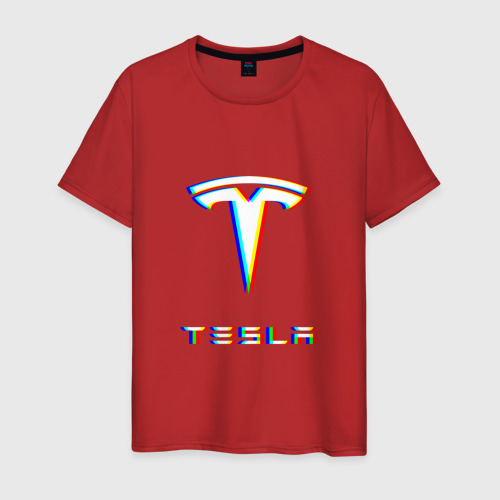 Мужская футболка хлопок Tesla motors glitch Тесла, цвет красный