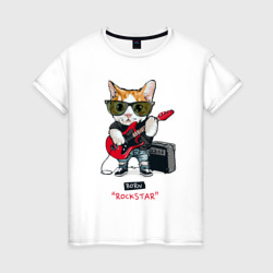 Женская футболка хлопок Крутой кот гитарист