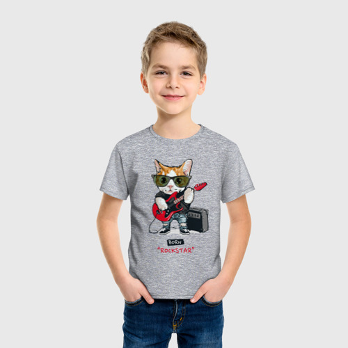 Детская футболка хлопок Крутой кот гитарист, цвет меланж - фото 3
