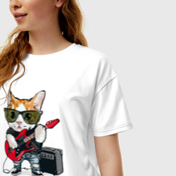 Женская футболка хлопок Oversize Крутой кот гитарист - фото 2