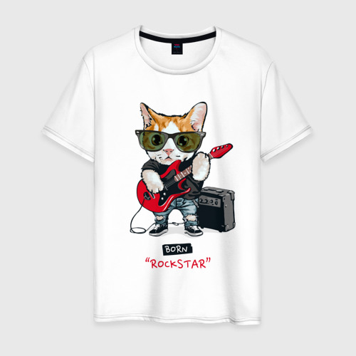 Мужская футболка из хлопка с принтом Крутой кот гитарист, вид спереди №1
