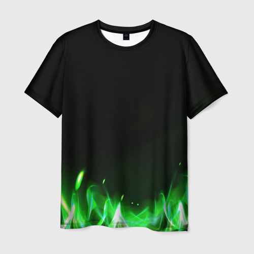 Мужская футболка с принтом Зеленый огонь на черном, вид спереди №1