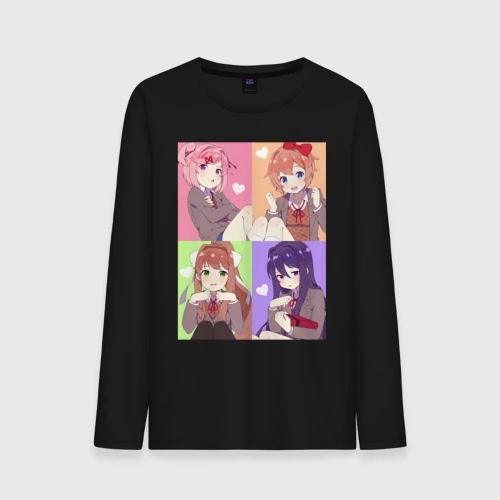 Мужской лонгслив хлопок с принтом Girls Doki Doki коллаж, вид спереди #2