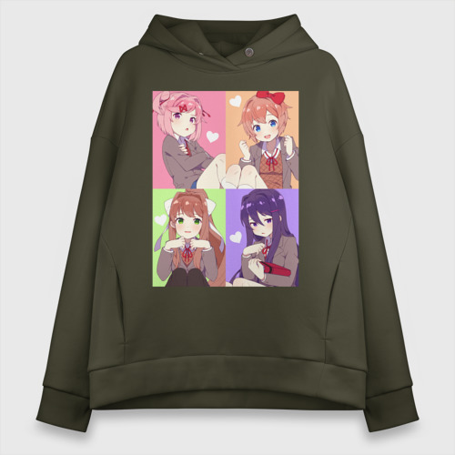 Женское худи Oversize хлопок Girls Doki Doki коллаж, цвет хаки