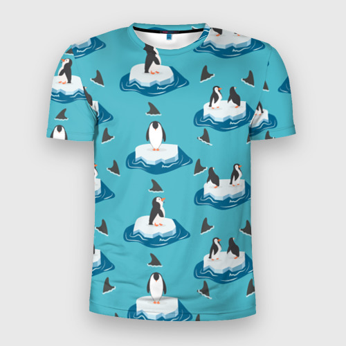 Мужская футболка 3D Slim с принтом Пингвины, вид спереди #2