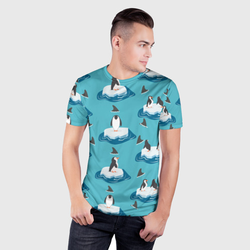 Мужская футболка 3D Slim с принтом Пингвины, фото на моделе #1