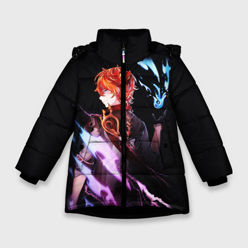 Зимняя куртка для девочек с принтом Тарталья - Genshin Impact neon, вид спереди №1