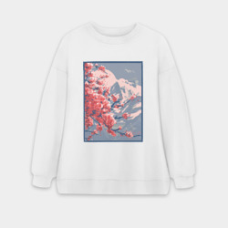 Женский свитшот oversize без начеса хлопок Цветение Сакуры на фоне Фудзи