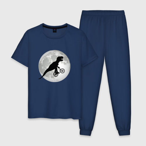 Мужская пижама хлопок Динозавр летит на фоне луны, цвет темно-синий