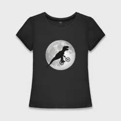 Женская футболка хлопок Slim Динозавр летит на фоне луны