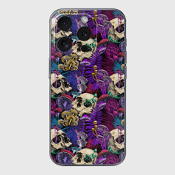 Чехол для iPhone 15 Pro Max силиконовый с защитой камеры Психоделика - черепа и грибы