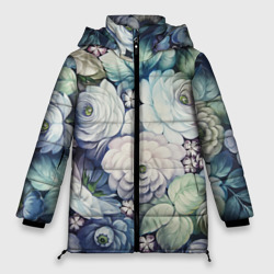 Женская зимняя куртка Oversize Цветы на синем фоне