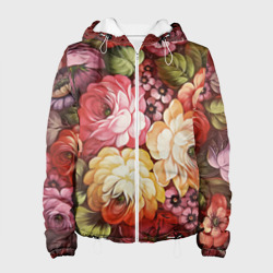 Женская куртка 3D Цветы на красном фоне