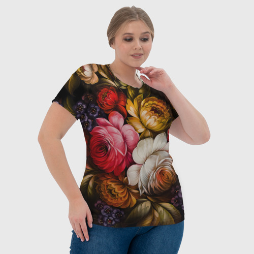 Женская футболка 3D Цветы на черном фоне, цвет 3D печать - фото 6