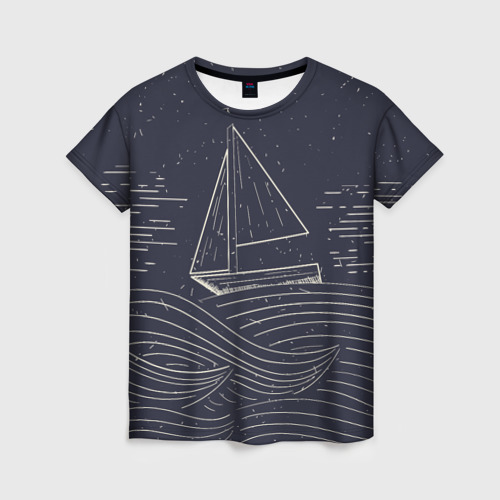 Женская футболка 3D с принтом Одинокий корабль в море, вид спереди #2