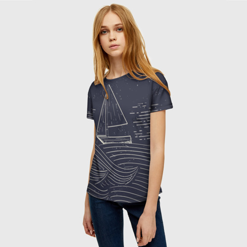 Женская футболка 3D с принтом Одинокий корабль в море, фото на моделе #1