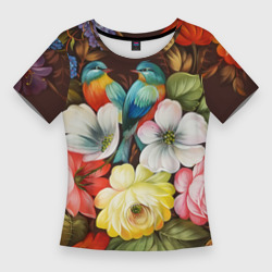 Приталенная футболка 3D Две птички и цветы (Женская)