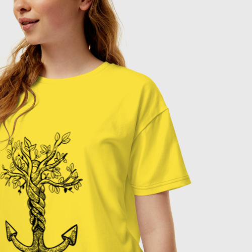 Женская футболка хлопок Oversize с принтом Славянский якорь в виде дерева, фото на моделе #1