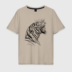Мужская футболка хлопок Oversize Чёрно белый рисунок тигра