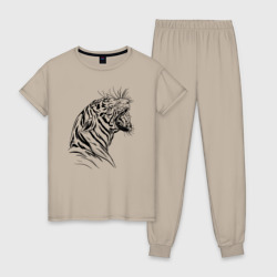 Женская пижама хлопок Чёрно белый рисунок тигра