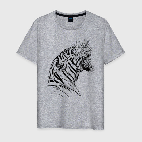Мужская футболка хлопок Чёрно белый рисунок тигра, цвет меланж
