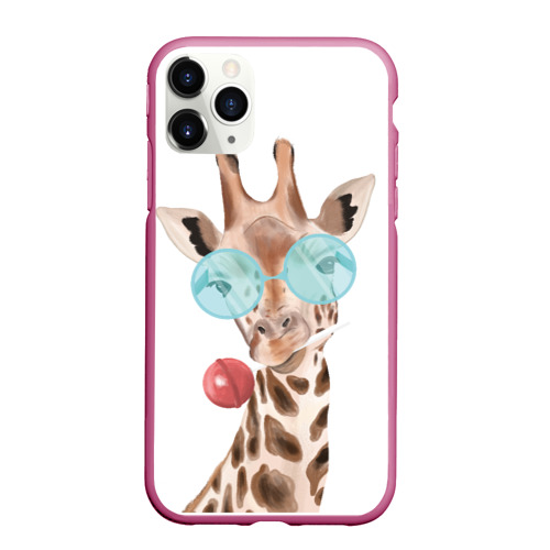Чехол для iPhone 11 Pro Max матовый Жираф в очках, цвет малиновый