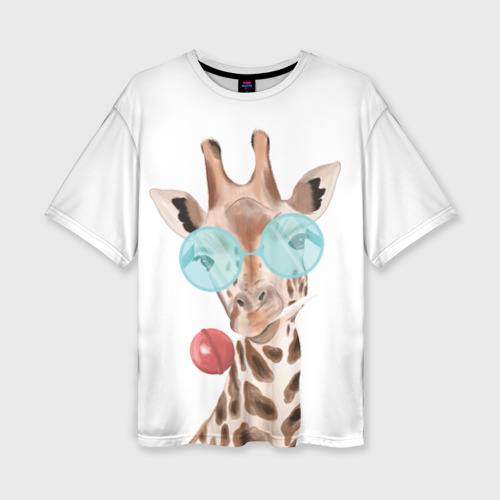 Женская футболка оверсайз с принтом Жираф в очках, вид спереди №1