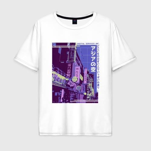 Мужская футболка хлопок Oversize Neon Asian Street Vaporwave, цвет белый
