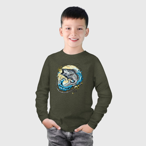 Детский лонгслив хлопок Рыбалка, цвет меланж-хаки - фото 3
