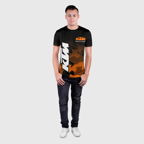 Мужская футболка 3D Slim с принтом KTM MOTORCYCLES / КТМ МОТОЦИКЛ, вид сбоку #3