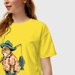 Женская футболка хлопок Oversize Кот рыбак - фото 2