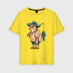 Женская футболка хлопок Oversize Кот рыбак