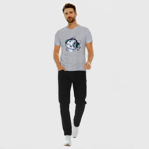 Мужская футболка хлопок Slim с принтом Котик в наушниках, вид сбоку #3