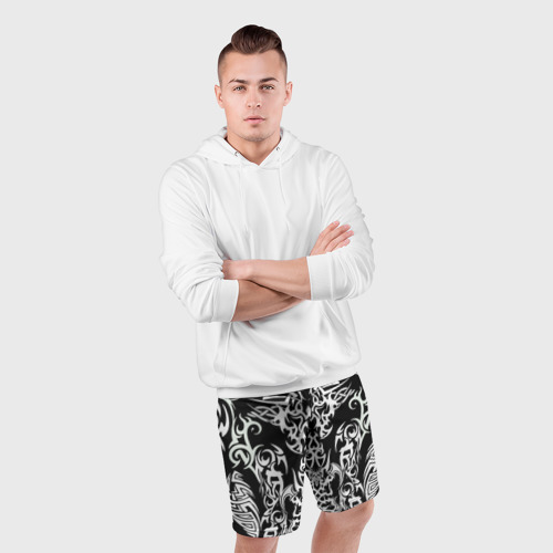 Мужские шорты спортивные Тату черно белое узор, цвет 3D печать - фото 5
