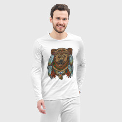 Пижама с принтом Славянский медведь для мужчины, вид на модели спереди №3. Цвет основы: белый