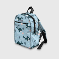 Рюкзак с принтом Косатки киты для ребенка, вид на модели спереди №3. Цвет основы: белый