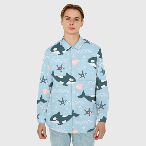 Мужская рубашка oversize 3D Косатки киты, цвет белый - фото 3