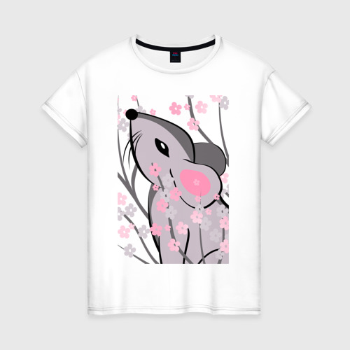 Женская футболка из хлопка с принтом Мышка и сакура, вид спереди №1