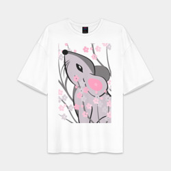 Женская футболка Oversize хлопок premium Мышка и сакура