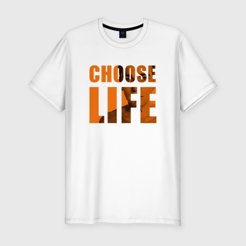 Мужская приталенная футболка из хлопка с принтом Выбери Жизнь, вид спереди №1
