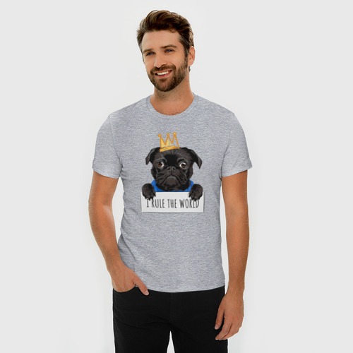 Мужская футболка хлопок Slim Собака мопс в короне, цвет меланж - фото 3