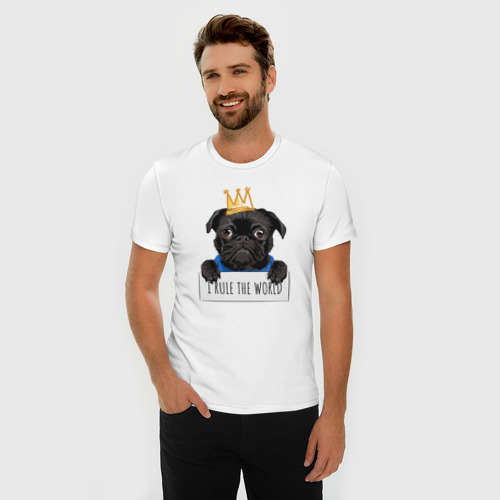 Мужская футболка хлопок Slim Собака мопс в короне, цвет белый - фото 3